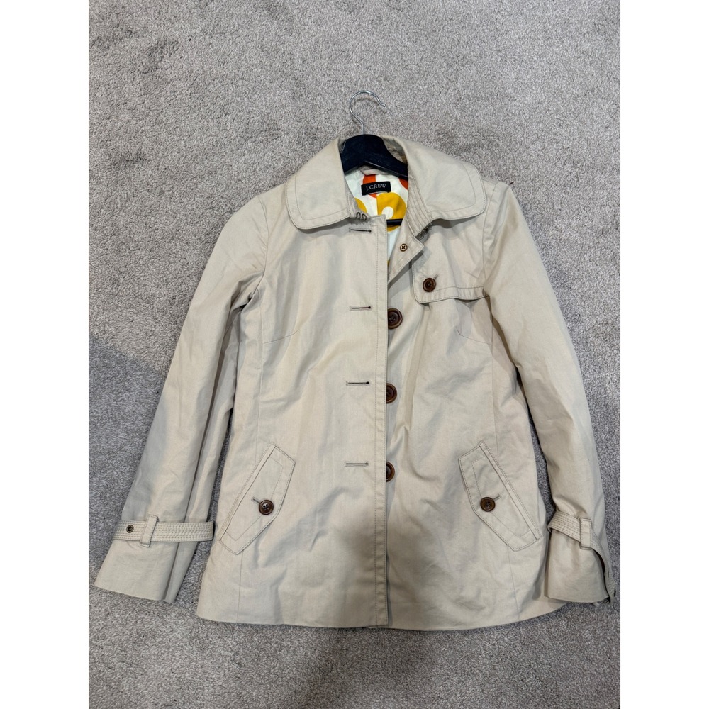 Vintage J Crew Beige Trench Coat Jacket Button Up Collared Funky Lining‎